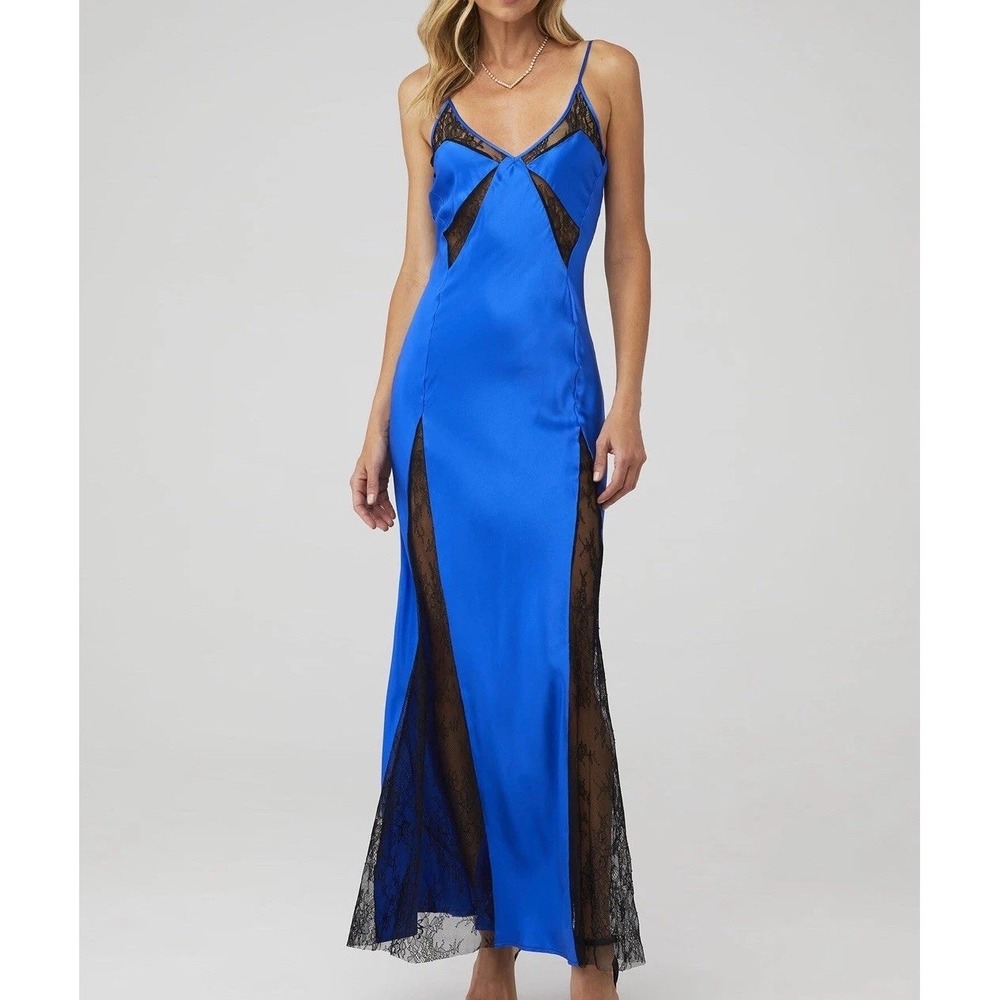 Delfi Collective Alexis Dress Size Small‎ Blue Satin Black Lace Panels Slip Maxi